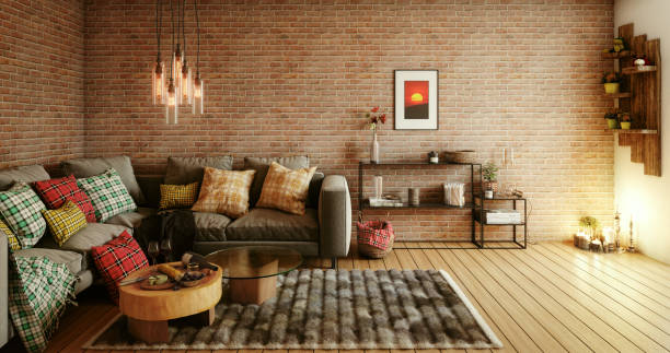 Cozy Living Room Digitally generated warm and cozy living room interior design.
The scene was rendered with photorealistic shaders and lighting in Autodesk® 3ds Max 2016 with V-Ray 3.6 with some post-production added. plaid couch stock pictures, royalty-free photos & images