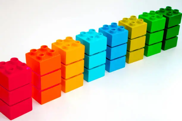 Samples of coloured plastic block Duplo bricks