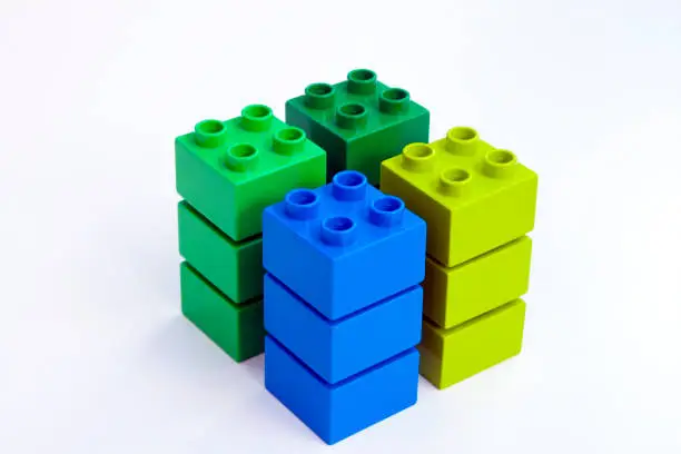 Samples of coloured plastic block Duplo bricks
