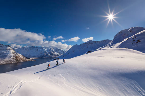 skitorador-esquí en polvo en lofoten-noruega - lofoten fotografías e imágenes de stock