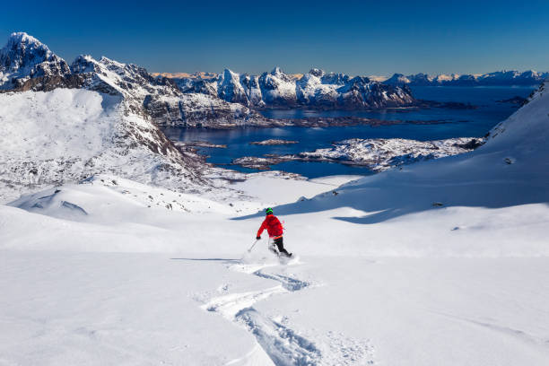 Skitouring downhill - powder skiing at  Lofoten - Norway stock photo