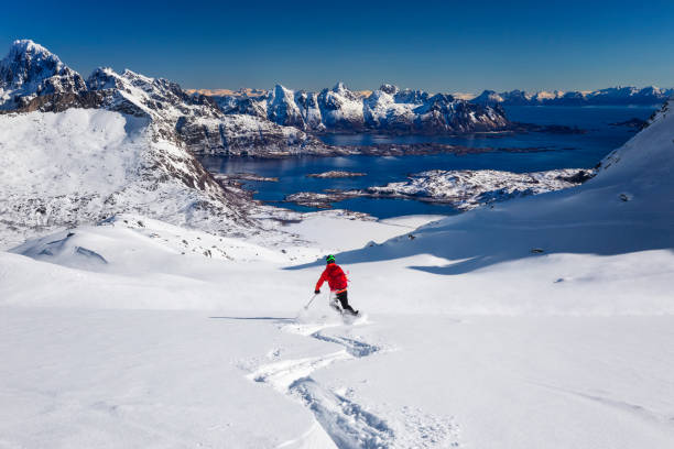 skitouring downhill - jazda na nartach proszkowych w lofotach - norwegia - nordic event zdjęcia i obrazy z banku zdjęć