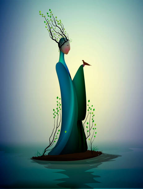 istock sping fairy, spring fantasy icon fantastic spring, silhouette of woman withtree branches on the head and holding the bird, vector 1146283336