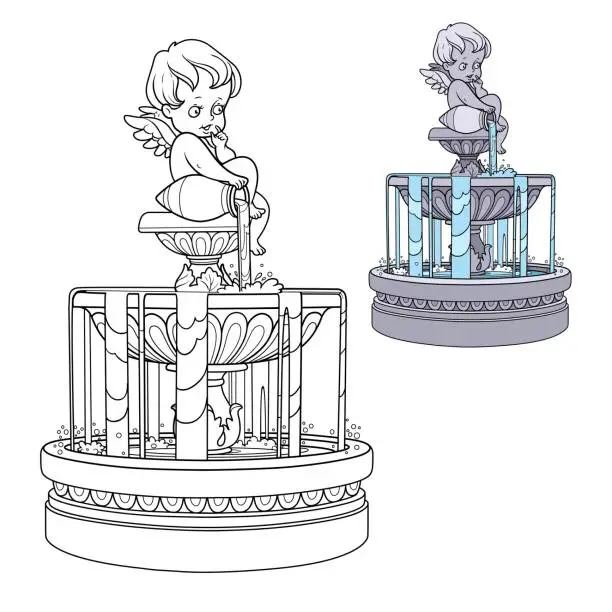 Vector illustration of Fountain with a cupid figure pouring water from a jug color and outlined for coloring