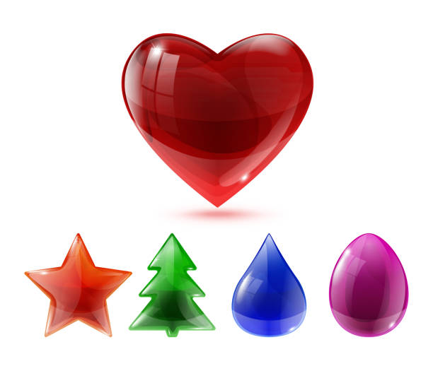 illustrazioni stock, clip art, cartoni animati e icone di tendenza di set di vari oggetti vettoriali in vetro - cuore, stella, albero di natale, goccia d'acqua, uovo - valentines day heart shape backgrounds star shape