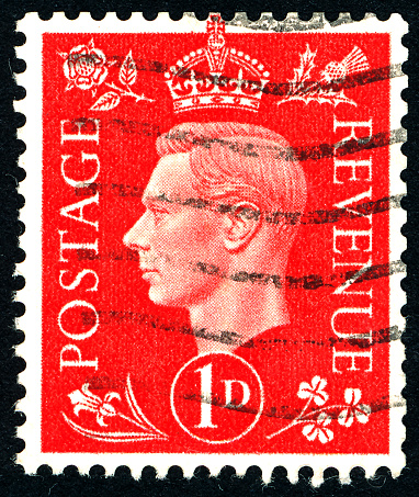 British One Pence Red Used Postage Stamp showing Portrait of King George VI, printed and issued from 1937 to 1947