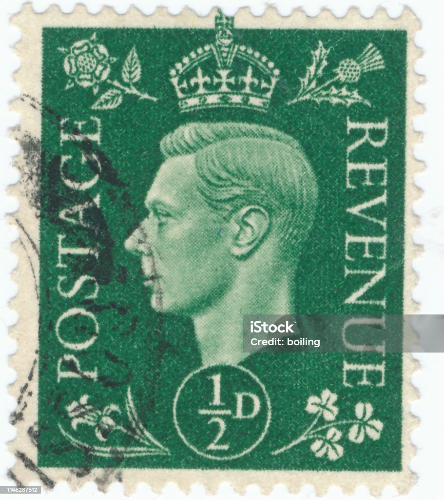 Francobollo vintage stampato in Gran Bretagna 1939 spettacoli, Re Giorgio VI - Foto stock royalty-free di Francobollo postale