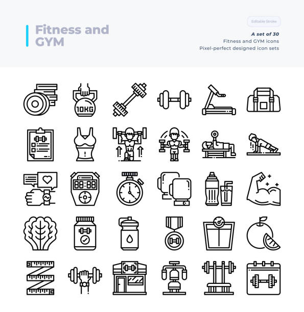 Detailed Vector Line Icons Set of Fitness and Gym .64x64 Pixel Perfect and Editable Stroke. 64x64 Pixel Perfect and Editable Stroke. personal trainer stock illustrations