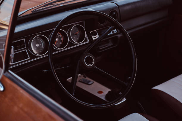 istock Steering wheel and dashboard. Interior of a restored retro car. 1146290520