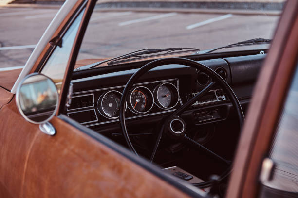 istock Steering wheel and dashboard. Interior of a restored retro car. 1146291900