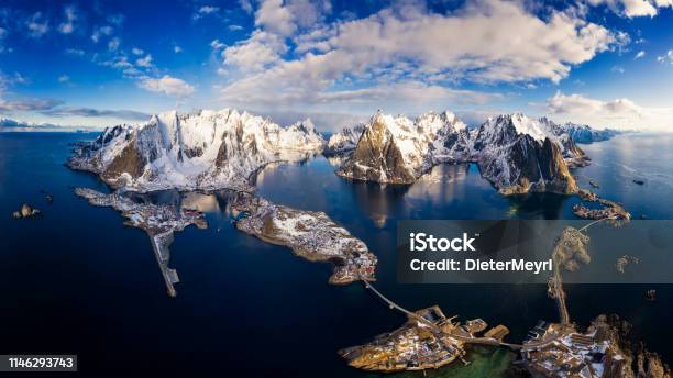 Panorama Of Mountains And Reine In Lofoten Islands Norway Xxxl Panorama Stock Photo - Download Image Now