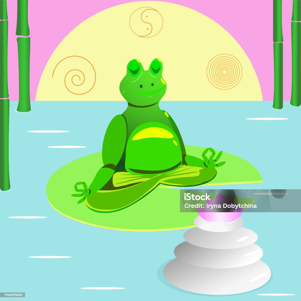 Frog meditation in front of a lotus flower on a lake with bamboo Frog meditation in front of a lotus flower on a lake with bamboo against the sun with Buddhist signs Animal stock vector