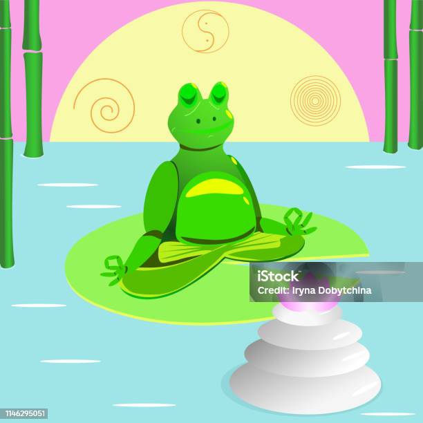 Frog Meditation In Front Of A Lotus Flower On A Lake With Bamboo Stock Illustration - Download Image Now