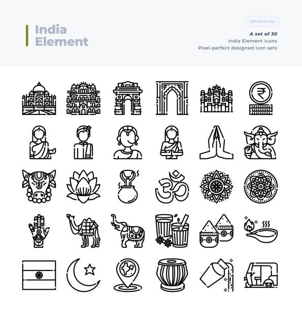 detaillierte vector line icons set of india element.64x64 pixel perfect and editable stroke. - ganesha indian culture india vector stock-grafiken, -clipart, -cartoons und -symbole