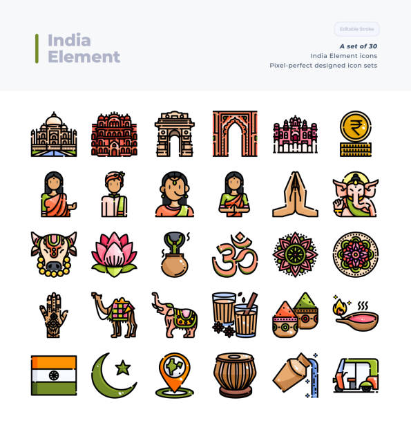 detaillierte vector line icons set of india element.64x64 pixel perfect and editable stroke. - ganesha indian culture india vector stock-grafiken, -clipart, -cartoons und -symbole
