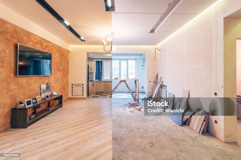 Renovation of studio room Modern interior design of big living-kitchen studio room, before and after Renovation Stock Photo