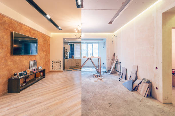 Renovation of studio room Modern interior design of big living-kitchen studio room, before and after anticipation stock pictures, royalty-free photos & images