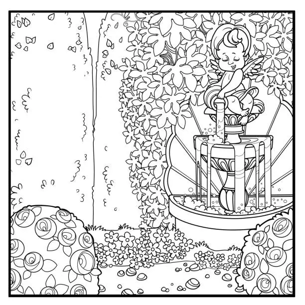 Vector illustration of Palace park with a cupid pouring water from a jug a fountain entwined with wild grapes and rose bushes outlined for coloring