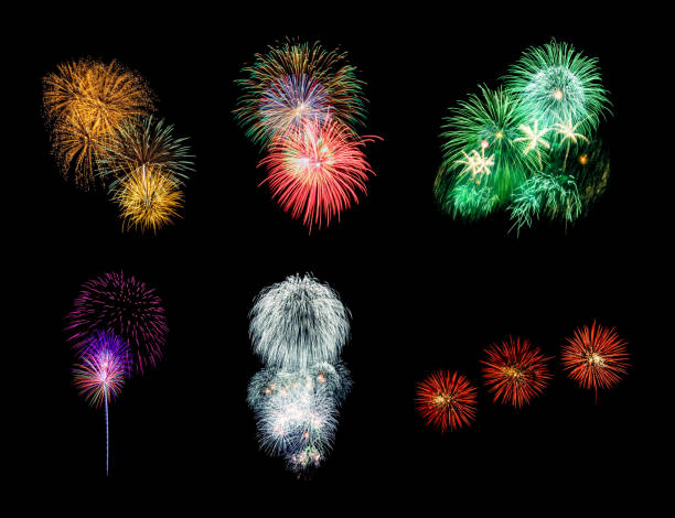 istock Collection of festive fireworks on black background 1146297717