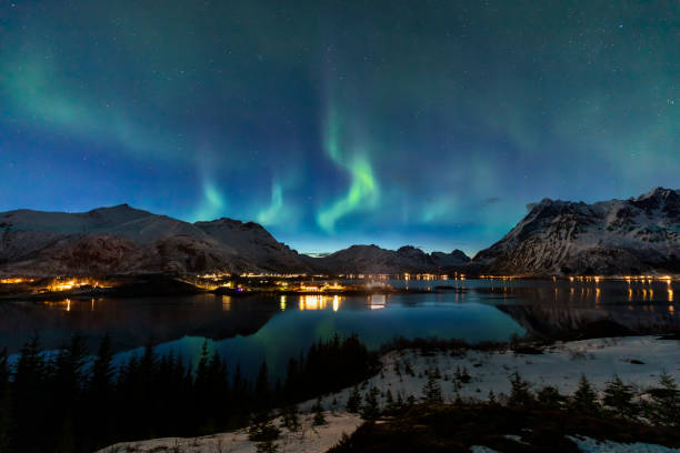 Northern Lights at Lofoten in Northern Norway Svolvaer, Europe, Galaxy, Lofoten and Vesteral Islands harbor of svolvaer in winter lofoten islands norway stock pictures, royalty-free photos & images