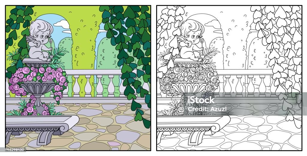 Palace Park cozy corner near garden marble vase with a statue of Cupid color and outlined for coloring Bench stock vector
