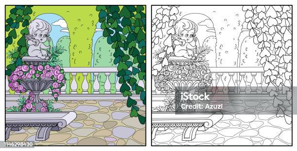 Palace Park Cozy Corner Near Garden Marble Vase With A Statue Of Cupid Color And Outlined For Coloring Stock Illustration - Download Image Now