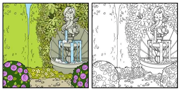 Vector illustration of Palace park with a cupid pouring water from a jug a fountain entwined with wild grapes and rose bushes color and outlined for coloring