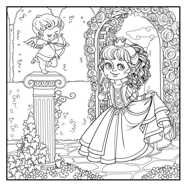 Vector illustration of Lovely princess in park with statue of a cupid archer standing on column entwined with ivy outlined for coloring