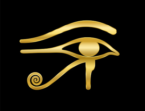 Golden Eye of Horus on black background. Ancient Egyptian goddess Wedjat symbol of protection, royal power and good health. Similar to Eye of Ra.