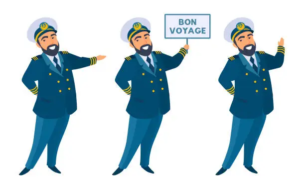 Vector illustration of Friendly captain welcomes, invites, holding banner with text, smiling.