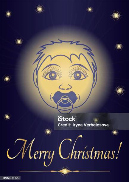 Greeting Card Merry Christmas Jesus Baby Face Of The Newborn Saint On The Background Of The Starry Sky Stock Illustration - Download Image Now