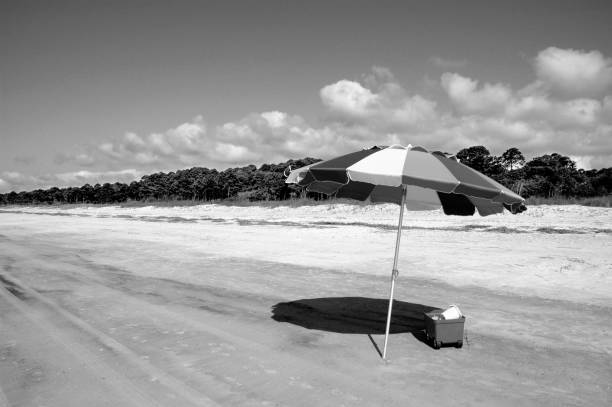 istock Beach Umbrella on the Atlantic Ocean captured in black and white 1146305598