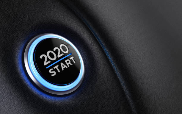 2020 Car Start Button On Dashboard;  New Year Concept 2020 start button on dashboard. Horizontal composition with copy space and selective focus. New year concept. start button photos stock pictures, royalty-free photos & images