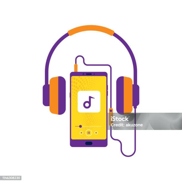 Headphones Retro Style Mobile With Headset Listening To Music Cheerful Songs Playlist Music Player Stereo Sound Prints For Cloths And Cover Stock Illustration - Download Image Now