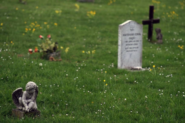 Old tombstone with engraved slavonic inscriptions among green trees in an old abandoned cemetery
