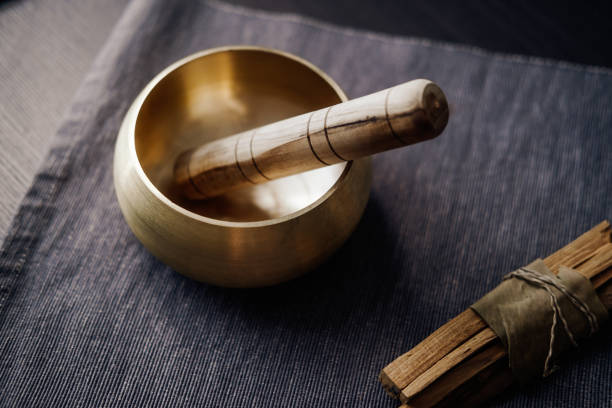 Bronze tibetan singing bowl, sound healing stock photo