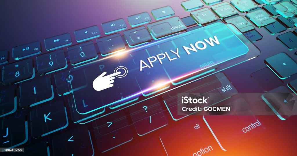 APPLY NOW Button on Computer Keyboard Financial Loan Stock Photo