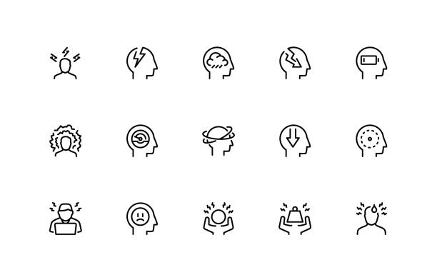 stress und depression related vector icon set. dünne linie stil. 48x48 pixel perfekt - emotion stock-grafiken, -clipart, -cartoons und -symbole