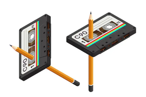 Vector illustration of Isometric Realistic Isolated Compact Cassette and a Pencil as a Tool for Rewind - 80s Retro