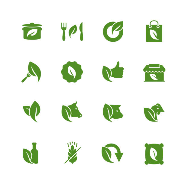 Organic Food and Store Related Icon Set in Glyph Style Organic Food and Store Related Icon Set in Glyph Style high quality kitchen equipment stock illustrations