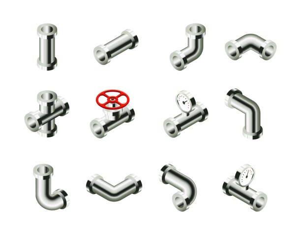 Isometric Pipes, Fittings, Valve and Meters Vector Icon Set in Realistic Style Isometric Pipes, Fittings, Valve and Meters Vector Icon Set in Realistic Style gauge pressure gauge pipe valve stock illustrations