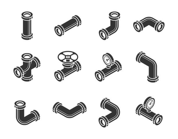 illustrazioni stock, clip art, cartoni animati e icone di tendenza di icona vettoriale tubi isometrici, raccordi, valvole e metri impostata in stile glifo - flange