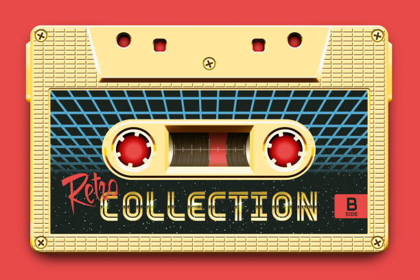 ilustraciones, imágenes clip art, dibujos animados e iconos de stock de relistic cassette de audio dorado, colección retro, mixtape en estilo de los años 80 y retrowave, synthwave, vaporwave o outrun - retro revival music audio cassette old