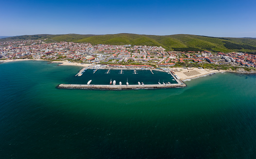Aerial view of Saint Vlas, Bulgaria. Marina Dinevi yacht port. Black Sea.