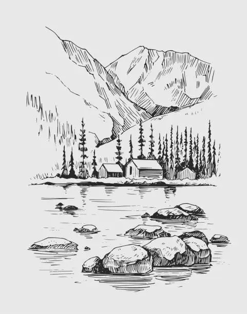 Vector illustration of Wild natural landscape with mountains, lake, pines, rocks. Hand drawn illustration converted to vector. Great for travel ads, brochures, labels, flyer decor, apparel, t-shirt print.