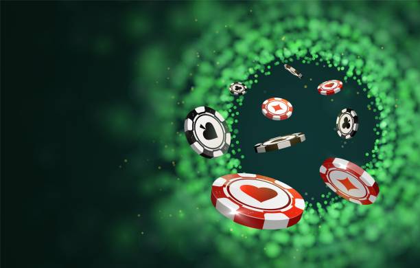 vector rote und schwarze poker-chips auf grün verschwommenen lampen hintergrund. online casino web-banner. - green backgrounds internet banner stock-grafiken, -clipart, -cartoons und -symbole