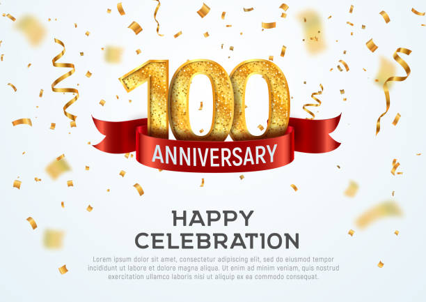 100 years anniversary vector banner template. Hundred year jubilee with red ribbon and confetti on white background. 100 years anniversary vector banner template Hundred year jubilee with red ribbon and confetti on white background ticker tape stock illustrations