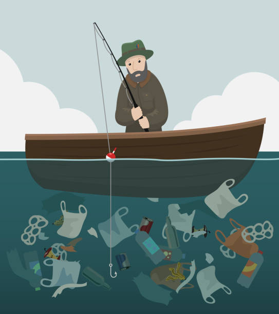 Plastic Fisherman A man sits in a wooden boat fishing into a sea full of plastic waste and garbage cartoon fishing hook stock illustrations