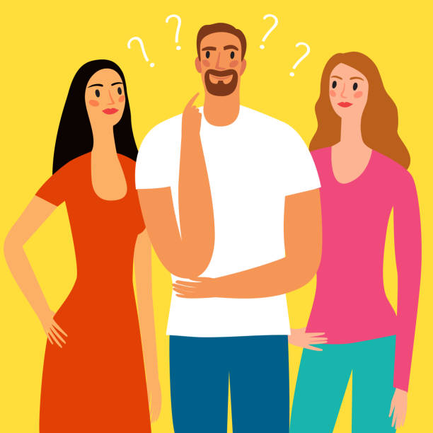 Love triangle and relationship issues illustration Cartoon man and two women beside him. Love triangle and relationship problems. Characters illustrations for your design. polygamy stock illustrations