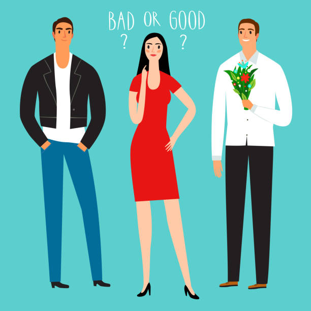 ilustrações de stock, clip art, desenhos animados e ícones de woman thinking of good guy and bad guy - gossip couple love concepts